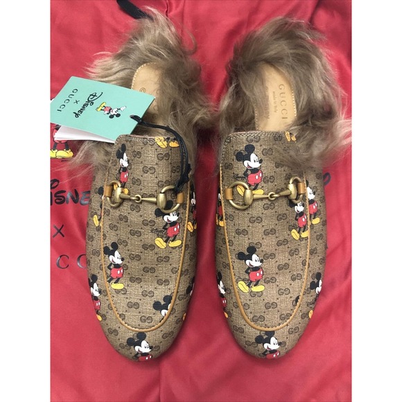 New Gucci x Disney Mickey Mouse Fur Loafers Mini GG Monogram 7.5 - Picture 1 of 5